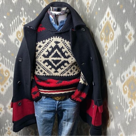Polo Ralph Lauren Vintage Southwestern Style Handknit Wool Shawl Collar Sweater - Picture 4 of 16